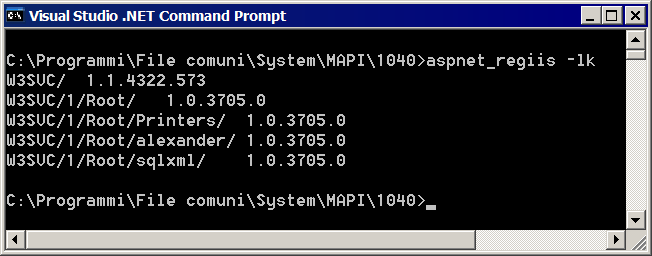 Il risultato del comando aspnet_regiis -lk