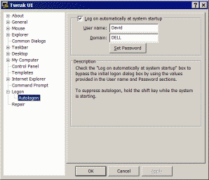 L'opzione di Logon Automatico su TweakUI