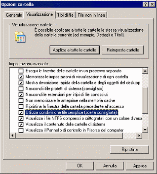 Disattivazione condivisione file semplificata