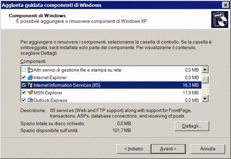 La seleziona dei componenti di Windows