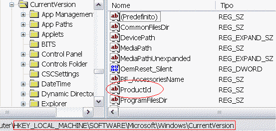 Il registro di Windows con la chiave dell'esempio selezionata