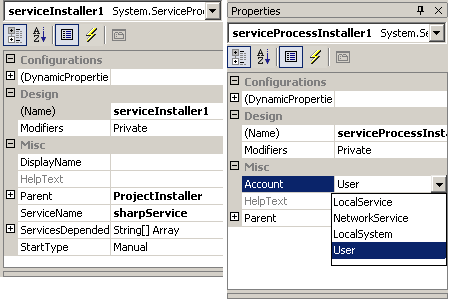 Le Proprietà di Service Process Installer e del Service Installer